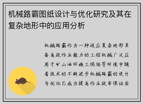 机械路霸图纸设计与优化研究及其在复杂地形中的应用分析