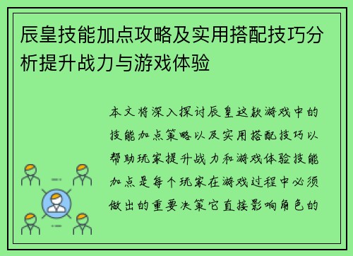 辰皇技能加点攻略及实用搭配技巧分析提升战力与游戏体验