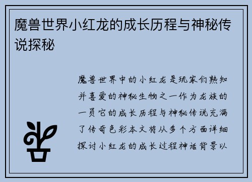 魔兽世界小红龙的成长历程与神秘传说探秘