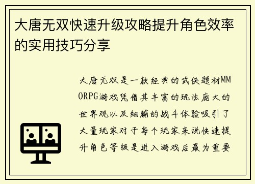 大唐无双快速升级攻略提升角色效率的实用技巧分享